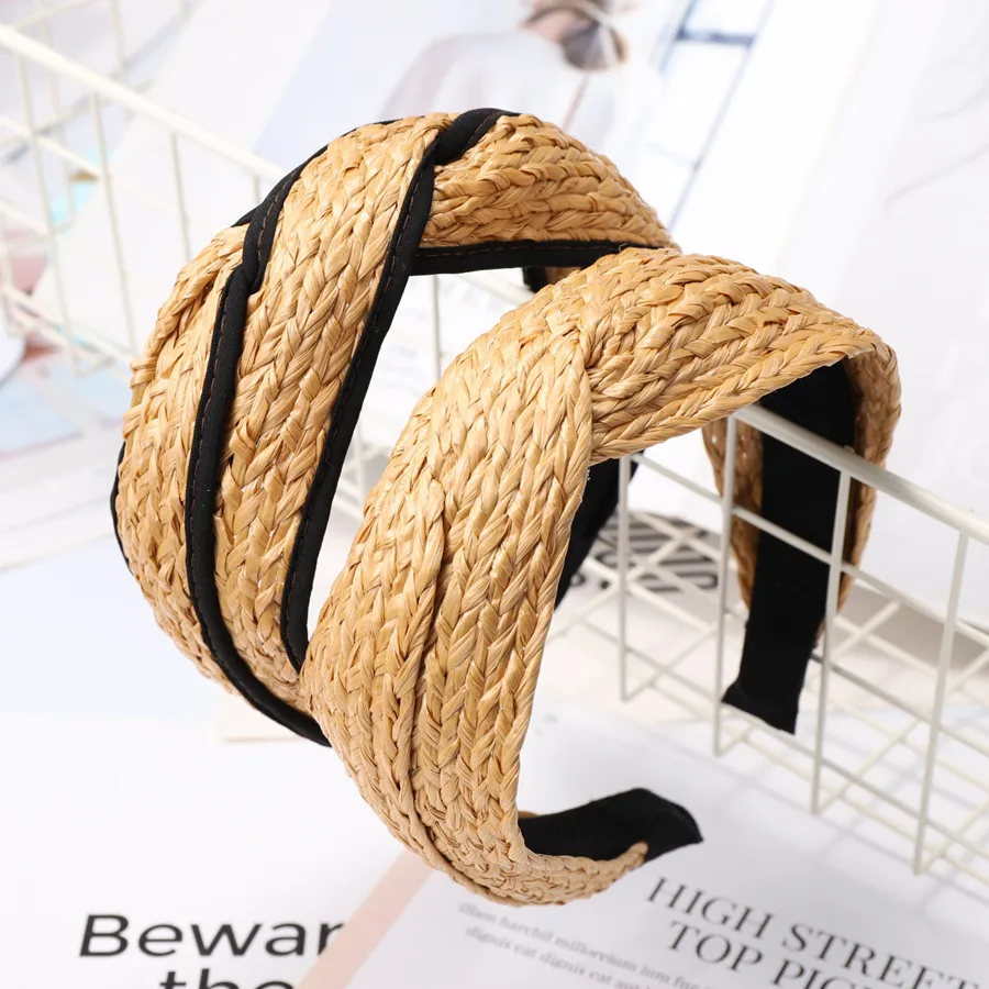 Handmade Weaving Straw Headband Cross Women Summer Headwear Wide Rattan Hairband Knot Outdoor Headdress Hair Hoop Solid