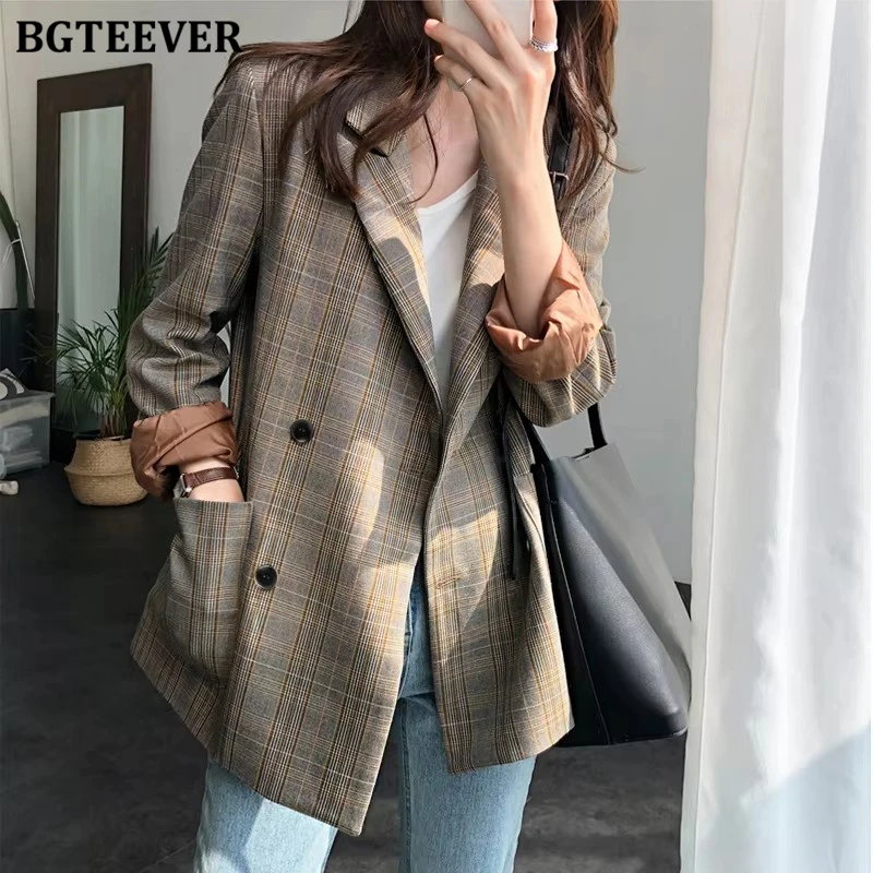 

Vintage Notch-collar Double Breasted Plaid Blazer Women Full Sleeve Loose Female Grid Suit Coat Autumn Women Jackets