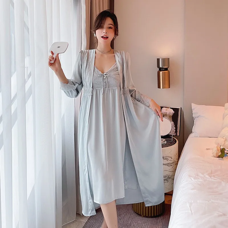 2 Pieces Robe Set With Buttons Femme Bridal Wedding Sleepwear Full Slip Lace Bathrobe&Strap Nightgown Sexy Bridesmaid Nightwear