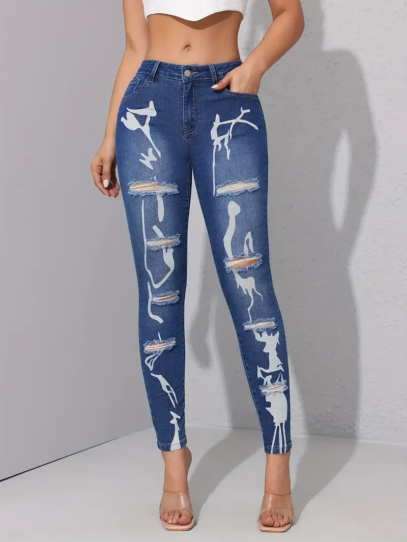 Print High Waisted Jeans Women Clothing 2024 Fashion Straight Leg Ripped Jeans Casual Tousers Female Bottoms Streetwear