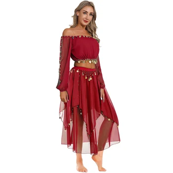 Womens glanzende buikdans outfit off-shoulder lange pofmouwen crop top en pailletten versieringen chiffon rok pak dansfeest kostuum