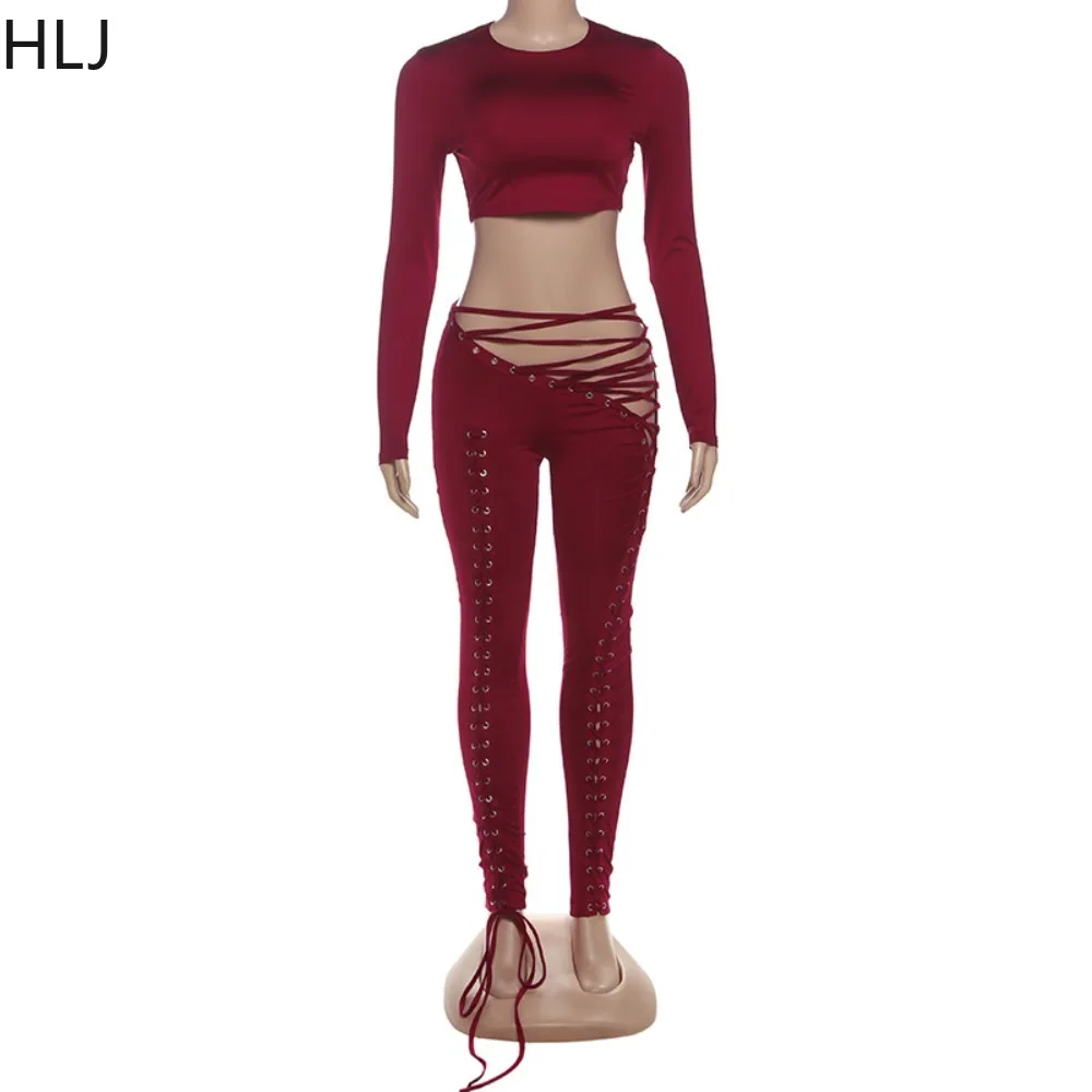 HLJ Y2k Fashion Bandage Patchwork Two Piece Outfits Woman Solid Color Long Sleeve Crop Top and Pants Matching Female Streetwear