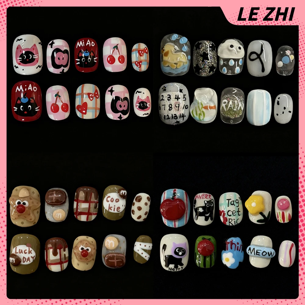 

10Pcs Kawaii Short Handmade Detachable False Nails Cute Cat Hand Drawn Flower Cherry Apple Biscuit Diamond Pearl Press On Nails