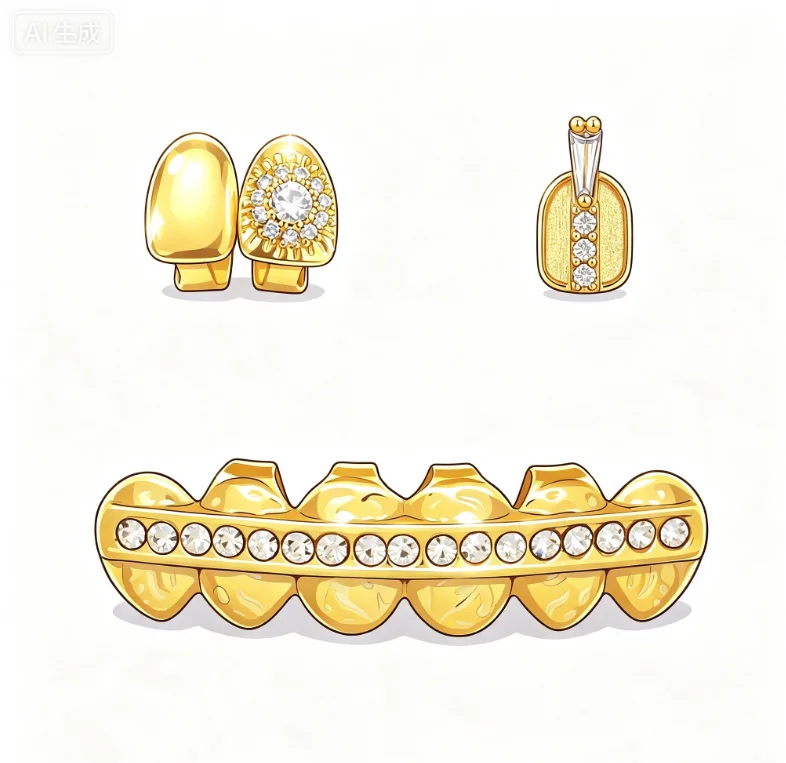 Ensemble de trois pièces personnalisé et tendance de style hip-hop avec une rangée de diamants en zircone. Accessoire dentaire plaqué or 14 carats pour Halloween, grillz dentaire