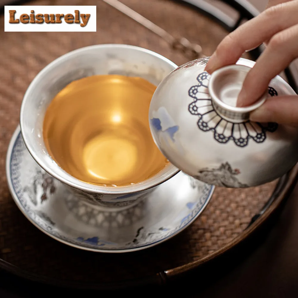 Imagem -05 - Elegante Gilt Prata Anti Scalding Tea Terrina Tea Brewing Tampa Bowl Teaware Artesanato Suprimentos Top Grade Montanhas Distantes Gaiwan 150ml