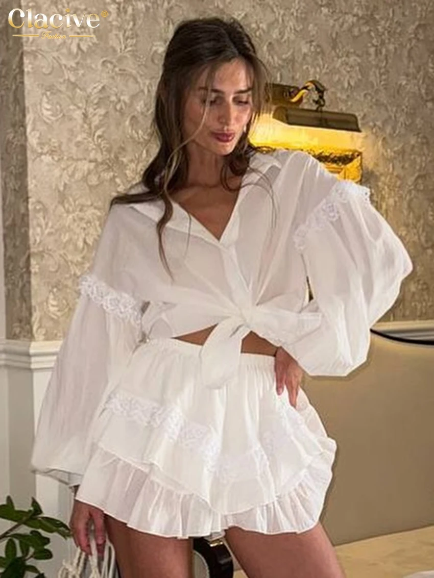 

Clacive Fashion Loose White 2 Pieces Set For Woman 2025 Elegant Long Sleeve Shirt With High Waist Pleated Mini Skirt Set Female