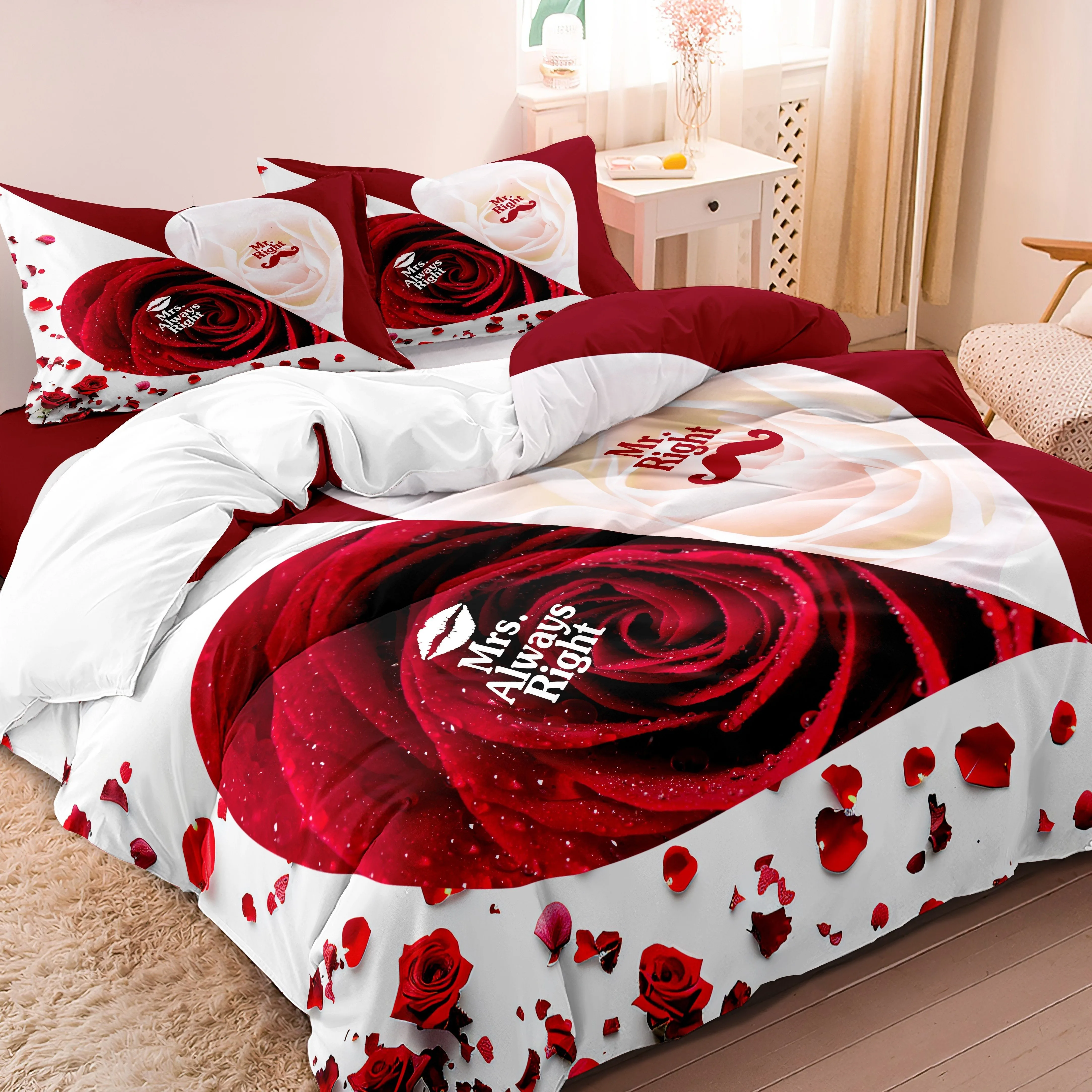Blumen-Bettwäsche-Set für Paare, Mr&Mrs, Bettbezug-Set, weiches Einzel-, Twin-, Doppel-, Queen-Size-Bett-Set, Heimdekoration für Schlafzimmer – Detail 3