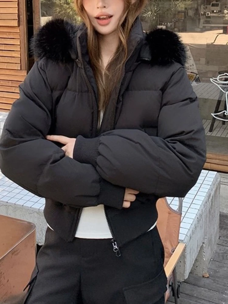 เสื้อแจ็คเก็ตพัฟเฟอร์มีฮู้ดสำหรับผู้หญิง ฤดูหนาว หนา อุ่น แบบสั้น มีปกขนสัตว์ ช่วงเอวเข้ารูป ผ้าพลัฌ สไตล์ลำลอง หวานๆ สตรีทแวร์ เสื้อคลุม