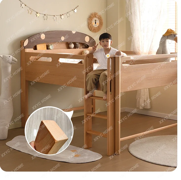 Short-Written Solid Wood Semi-High Bed Beech Medium and High Bed Children's Bed Boys and Girls Small Apartment Multi-Functional