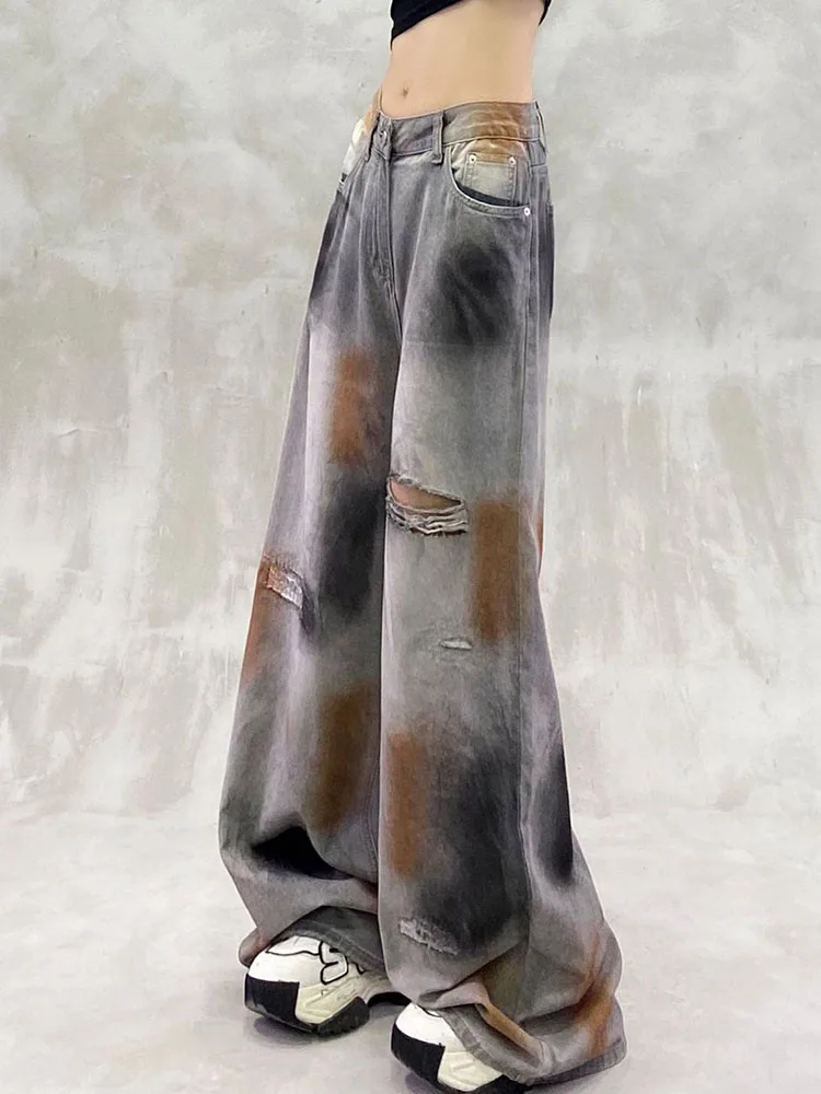 Jean déchiré délavé pour femmes, couleur bloquée, décontracté, taille haute, ample, amincissant, polyvalent, jambes droites, jambes larges, nouvelle collection été