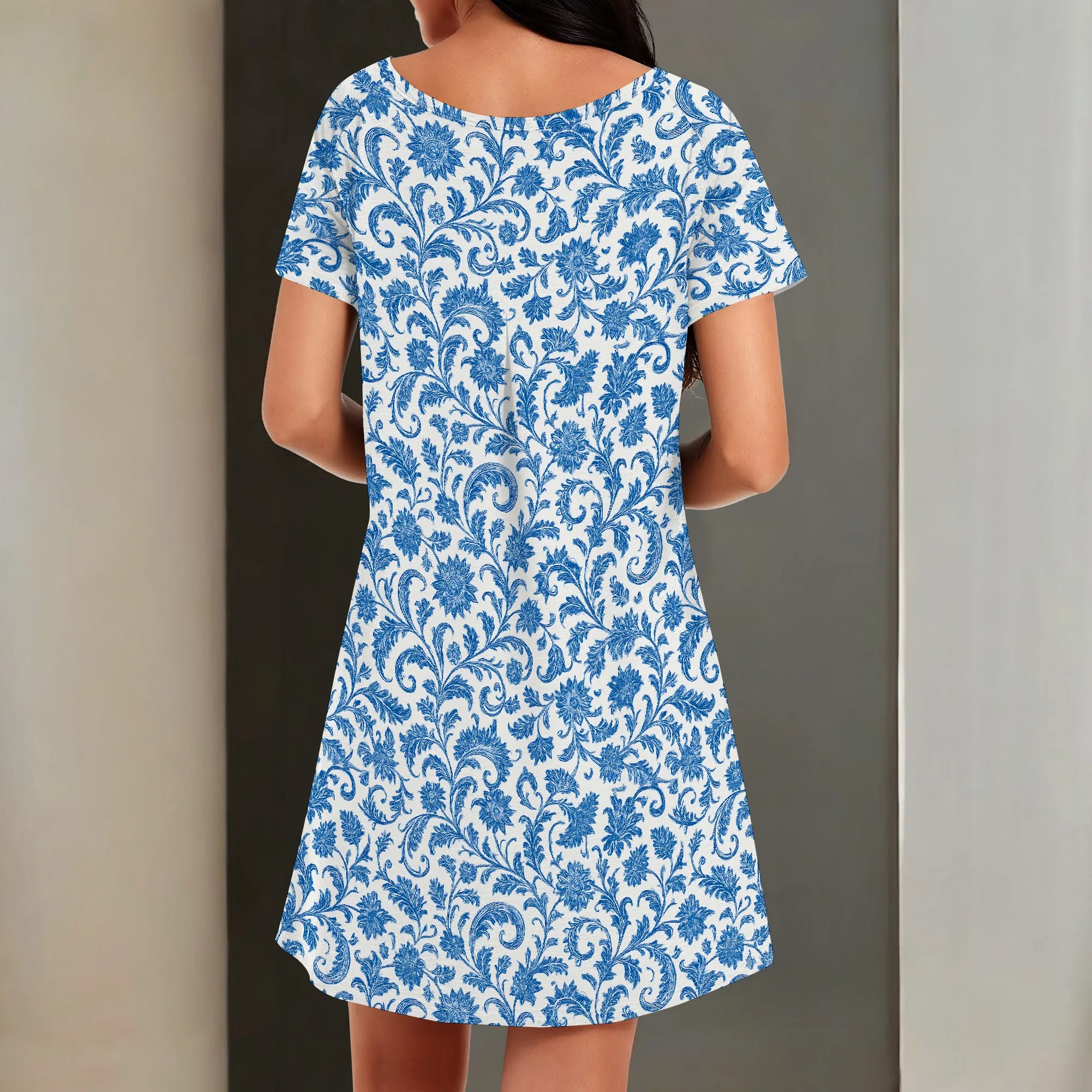 T-shirt estiva casual da donna, abito svasato a maniche corte con tasche