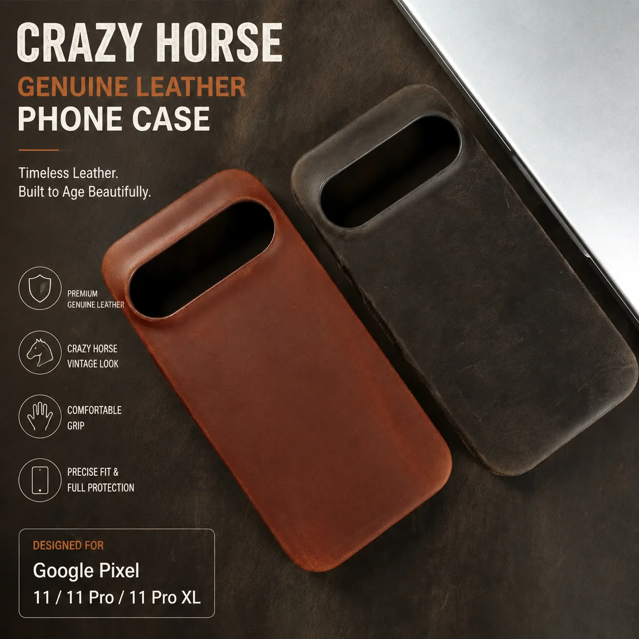 Image of Crazy Horse Echtleder-Magnetische Hülle für Google Pixel 11 10 Pro XL, Rindsleder-Schutzhülle mit Magsafe-Telefonrückseite