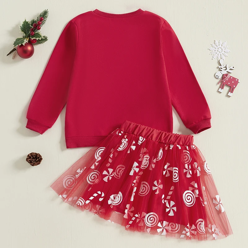 Blotona Toddler Girl Christmas Outfit Letter Embroidery Sweatshirt and Candy Print Tulle Skirt Set for Baby Fall Cute Clothes