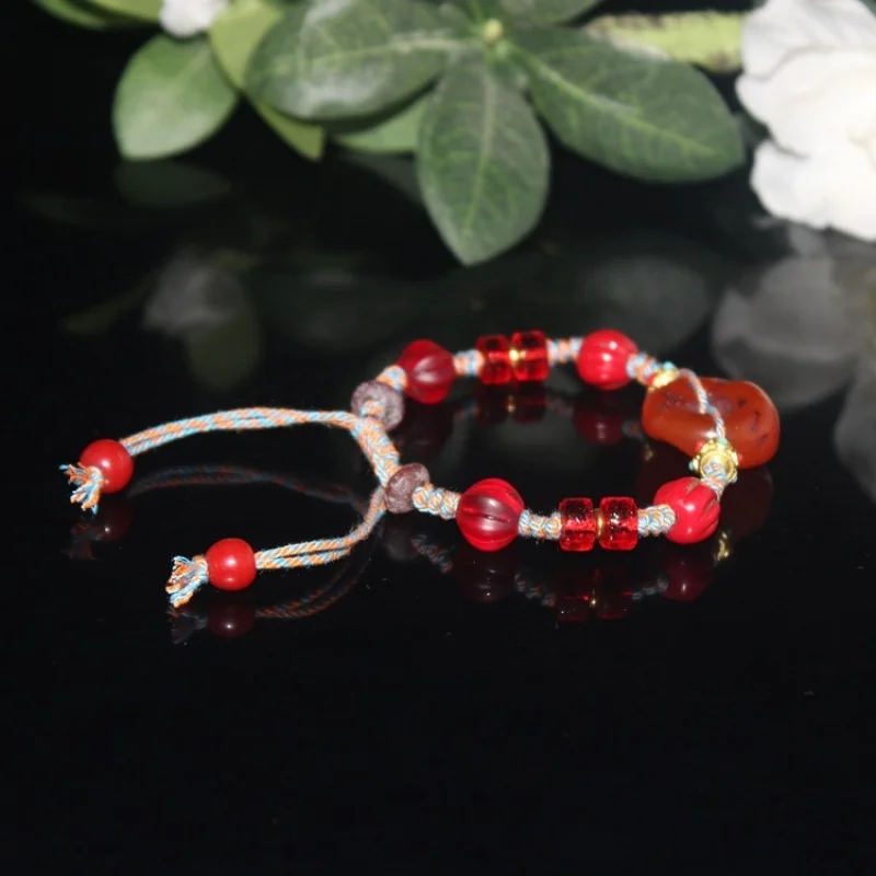 Late Qing Dynasty antique-style old glass multi-treasure bracelet with imitation amber peace and hand rope