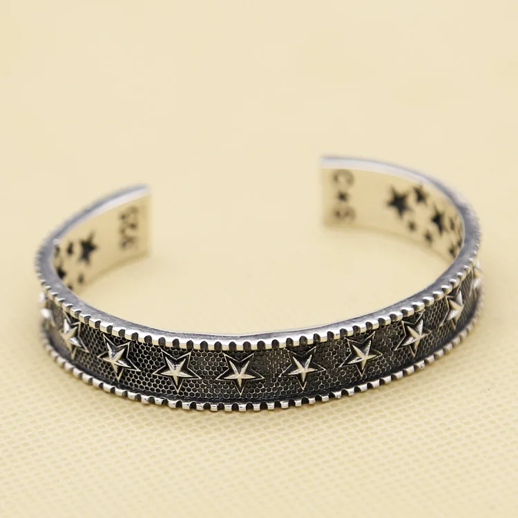 Vintage Star Thai Silver Bracelet Men's Hip Hop Youth Trendy Punk High Block Jewelry 925 Sterling Silver Five Point Star Bracele