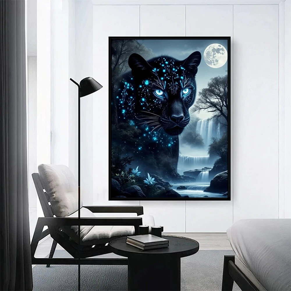 Pintura de Diamantes DIY sin Marco, Bordado de Leopardo Negro, Pantera Animal, Mosaico 5D de Cobertura Total, Decoración de Pared con Luna, Cascada y Árbol