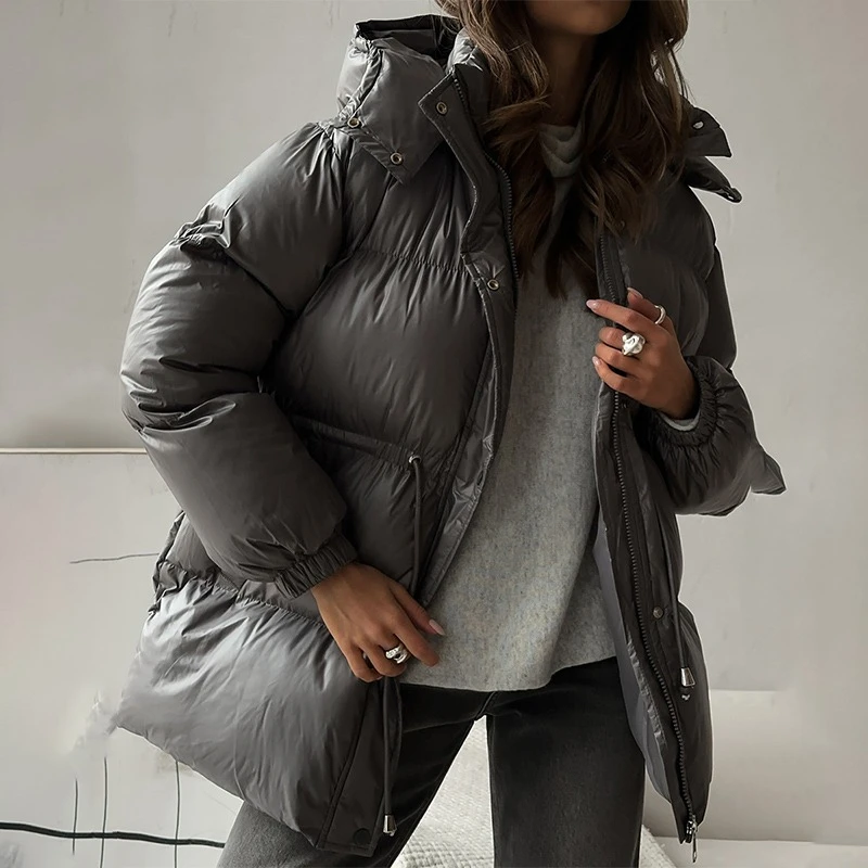 TARUXY Lace-Up Hooded Zipper Parkas Women's Fashion Long Sleeve Pocket Solid Bread Cotton Coat Winter New Warm Thickened Jacket