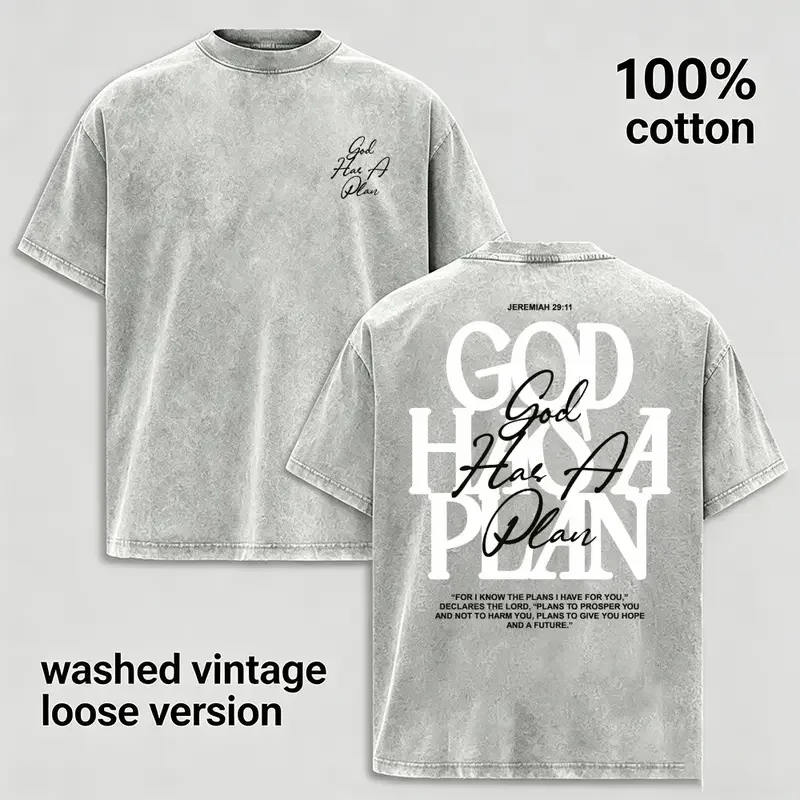 Father's Day Gift,God Has A Plan T-Shirt,100% Cotton Washed Vintage Men's Loose Tees,Jeremiah 29 11 Christian Bible Verse Retro Faith Top,Gift for Boyfriend,Husband,Dad,Family