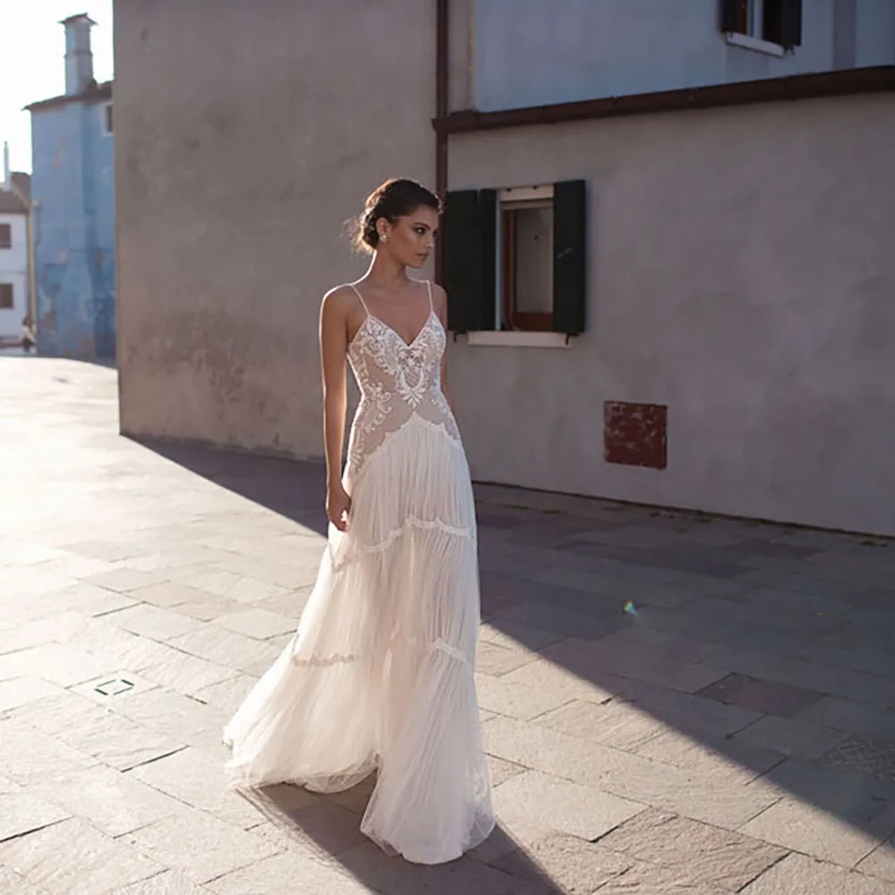 Robe de Mariée en Dentelle de Style Boho avec Bretelles Spaghetti Personnalisées, en Tulle à Plusieurs Niveaux, Coupe Slim Romantique, Ligne A, Dos aux, pour Patients