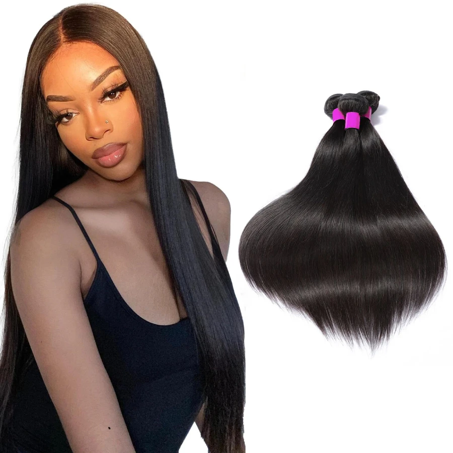 

Прямые бразильские пучки человеческих волос, 100% пучки волос Remy, 3 шт., натуральный черный, 14-30 дюймов, наращивание человеческих волос