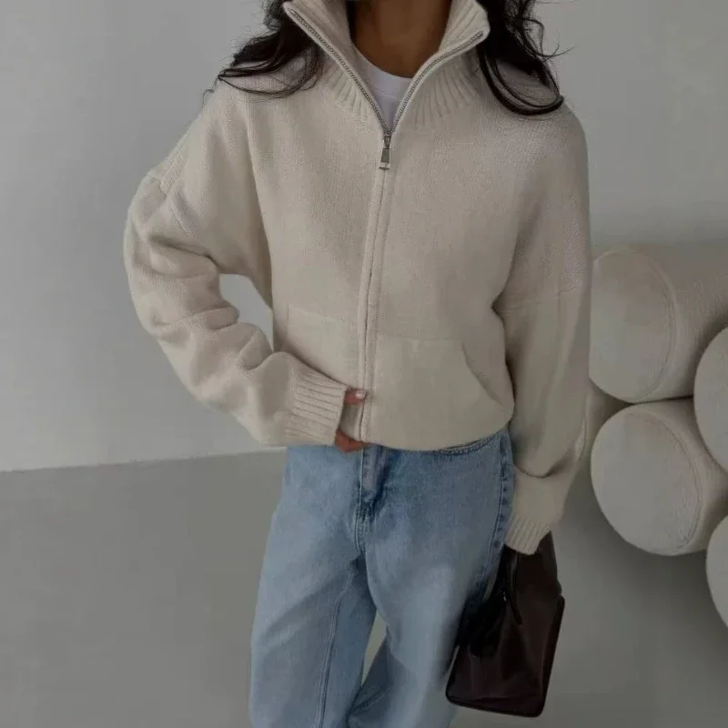 Korean Style Double Zipper Knitted Sweater Jacket Women'S Autumn Winter Casual Versatile Stand Collar Knit Open Cardigan Top