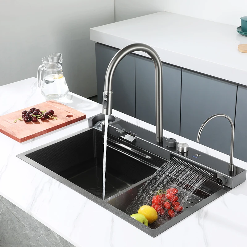 

Digital display waterfall kitchen sink multifunction 304 stainless steel handmade kitchen undermount sink with cup washer