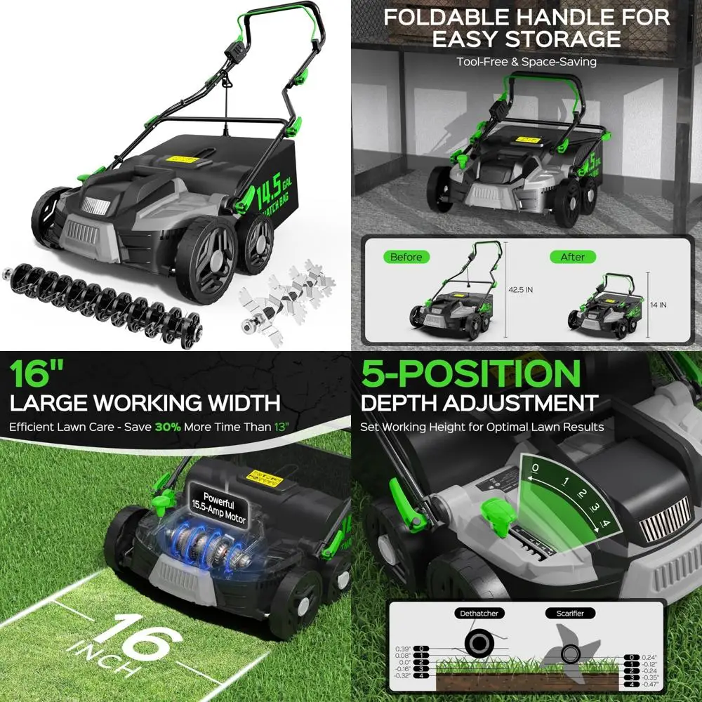 Elektrischer Vertikutierer und Vertikutierer mit 16 Zoll und 15,5 Ampere und 14,5 Gallonen Tasche für die Rasenpflege – leistungsstarkes 2-in-1-Hofpflegewerkzeug
