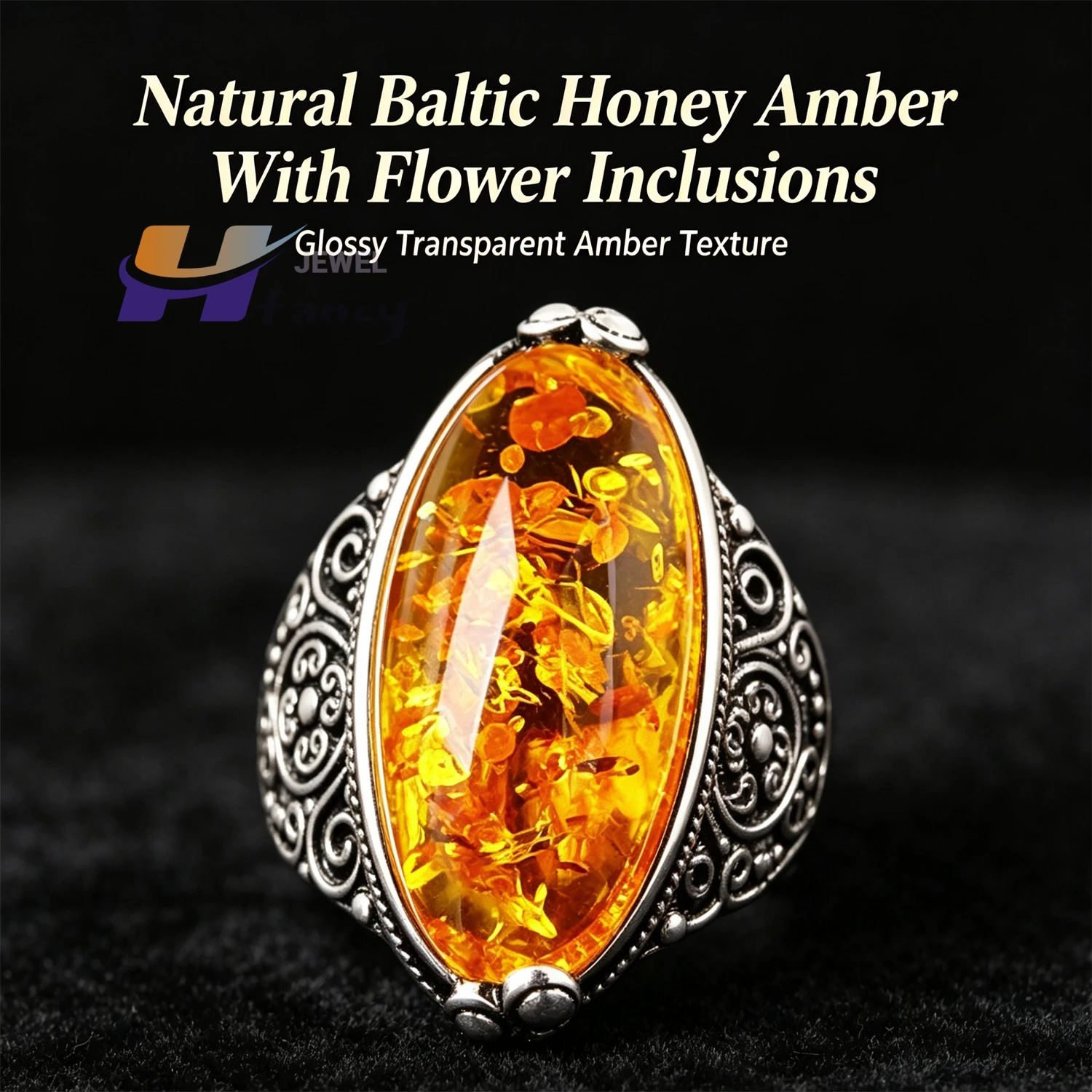 Baltic Amber Oval Solitaire Ring, Natural Honey Amber Stone Silver Setting Jewelry, Unique Gift for Her Birthday Anniversary