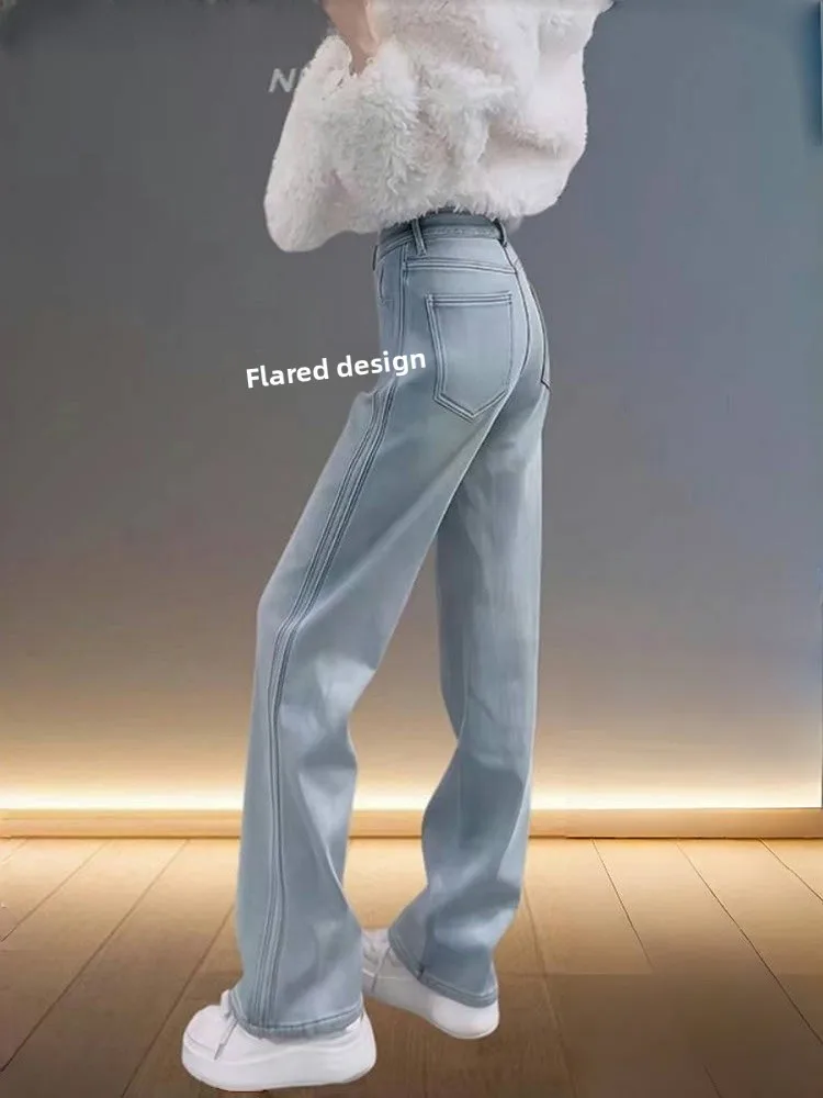 American Sle Fce doublé Thi Denim Jeans femmes automne hiver nouveau minceur couleur claire grande taille gros MM longueur de plancher S...