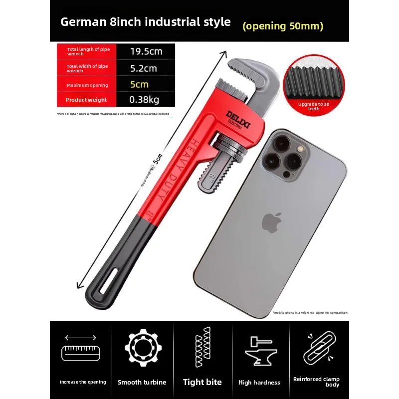 

Delixi Electric Heavy Duty Pipe Wrench, High Carbon Steel Aluminum Large Opening Adjustable Wrench, Cutting Pipe Pliers