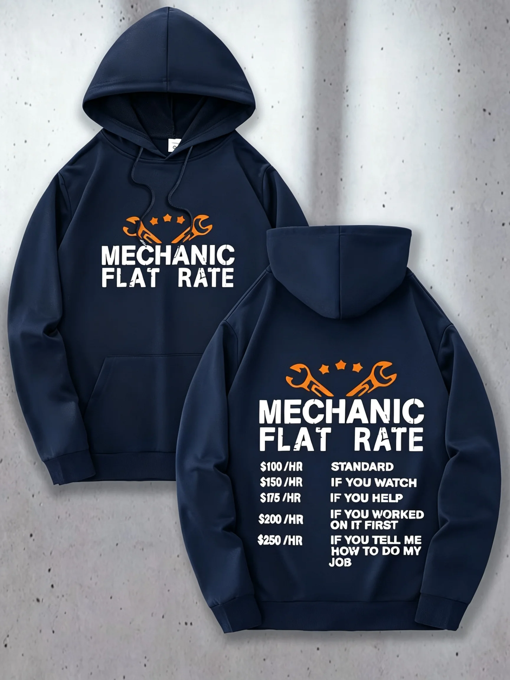 Men Mechanic Flat Rate Wrench Graphic Hoodie Funny Car Repair Worker Long Sleeve Hooded Sweatshirt Casual Streetwear