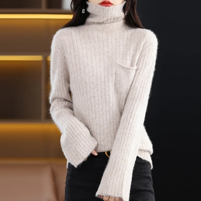 

Women Turtleneck 100% Mink Cashmere Sweater Autumn New Knitted Pullover Casual Loose Large Size Tops Warm Long Sleeve Base Shirt