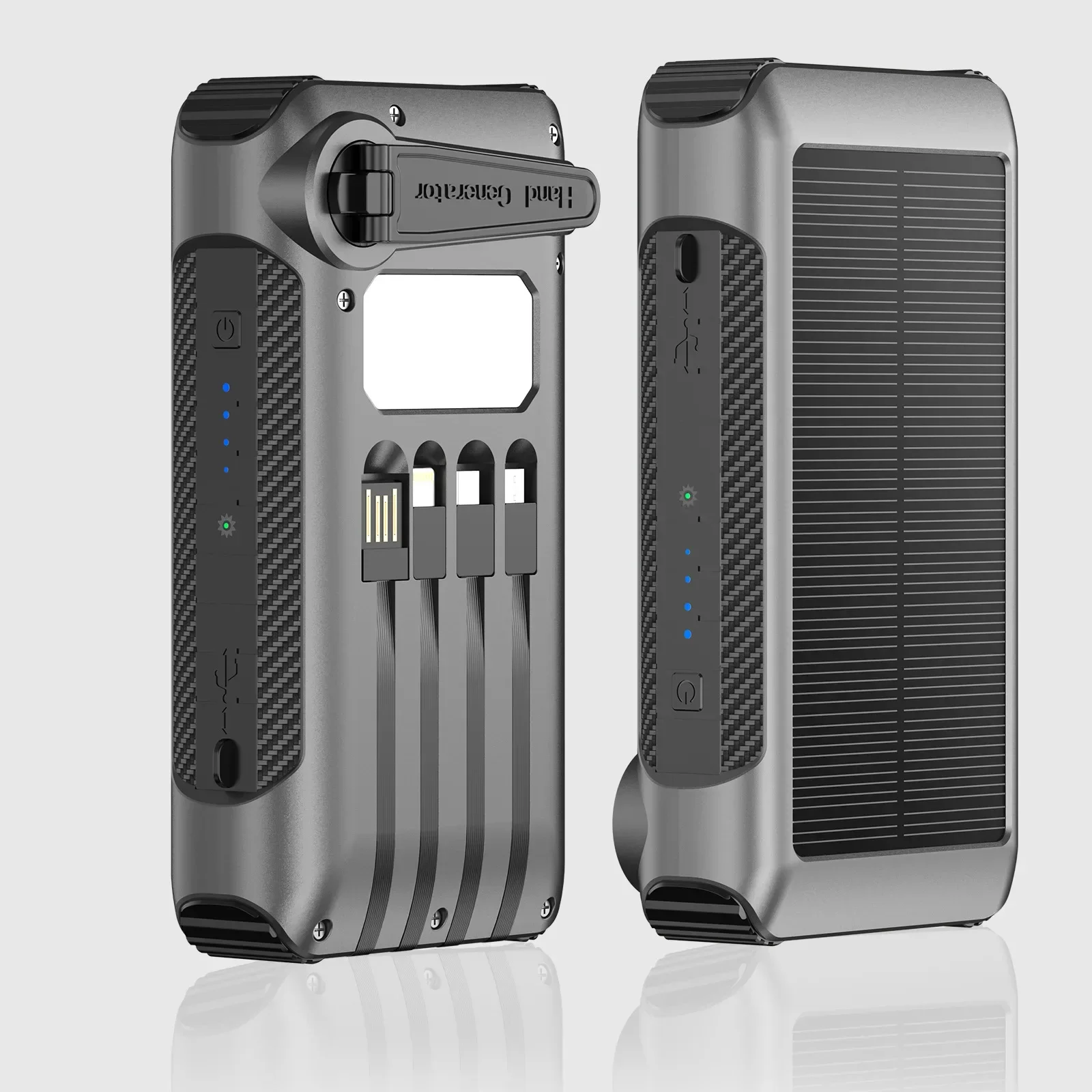 Solar Powered Hand Cranked Power Bank, Fast Charging, Built-in Cable, Built-in Flashlight, Mobile Power Bank20000mAh