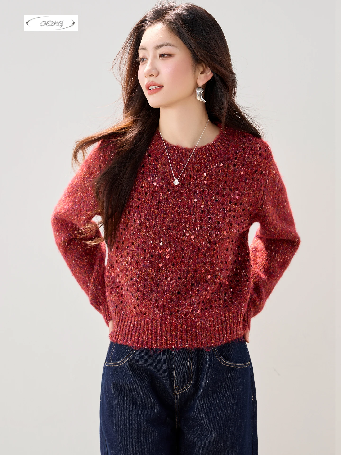 

Красный свитер с блестками для женщин, новогодний модный элегантный короткий вязаный пуловер с длинными рукавами, топы, осень-зима, плотный трикотаж 6086