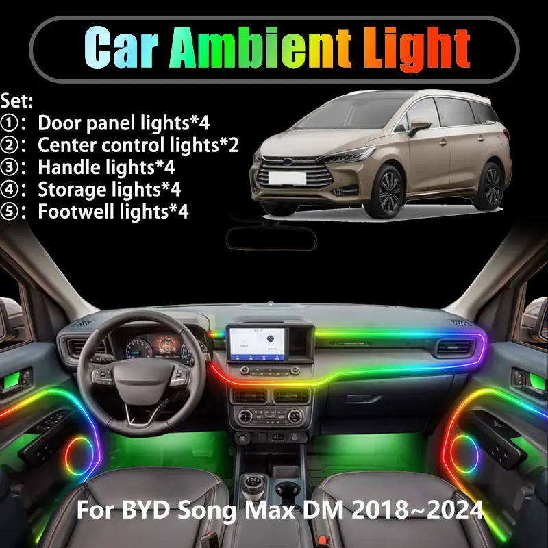

For BYD Song Max DM 2018~2024 2019 2020 2/18 in 1 Car ambient lighting Led trunk interior led lights USB RGB Ensemble Streamer