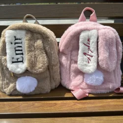 New Autumn/Winter Plush Bag Custom Embroidery Name Small Cute Sweet Plush Backpack Personalized Name Women's Rabbit Ear Backpack