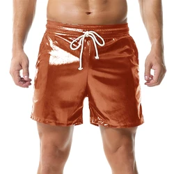 Mens Shiny Casual Shorts With Pockets Elastic Waist Drawstring Beach Sport Fitness Shorts Male Nightclub Stage Party Short Pants