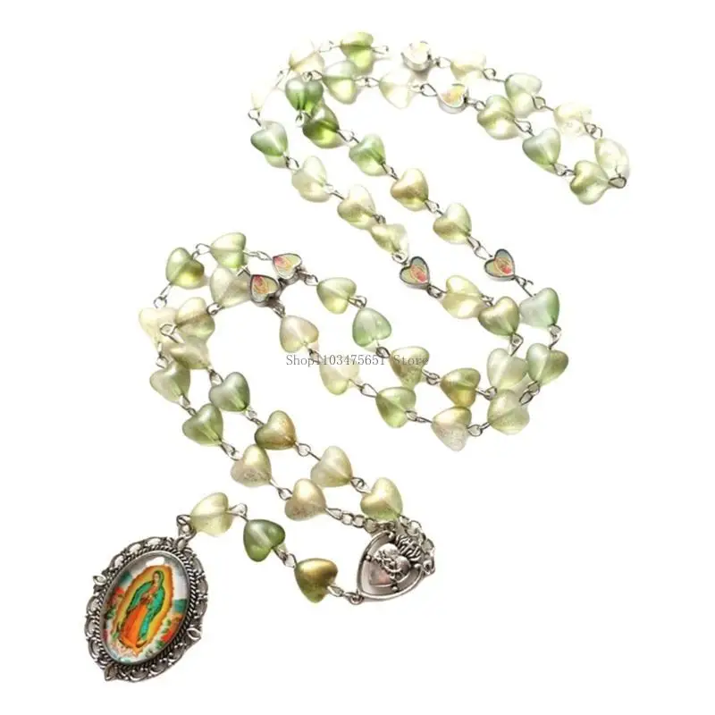  Rose and Heart Beads Glass Pendant Rosary Necklace with Glass Pendant Christian Prayer Believers Neckwear for Parties