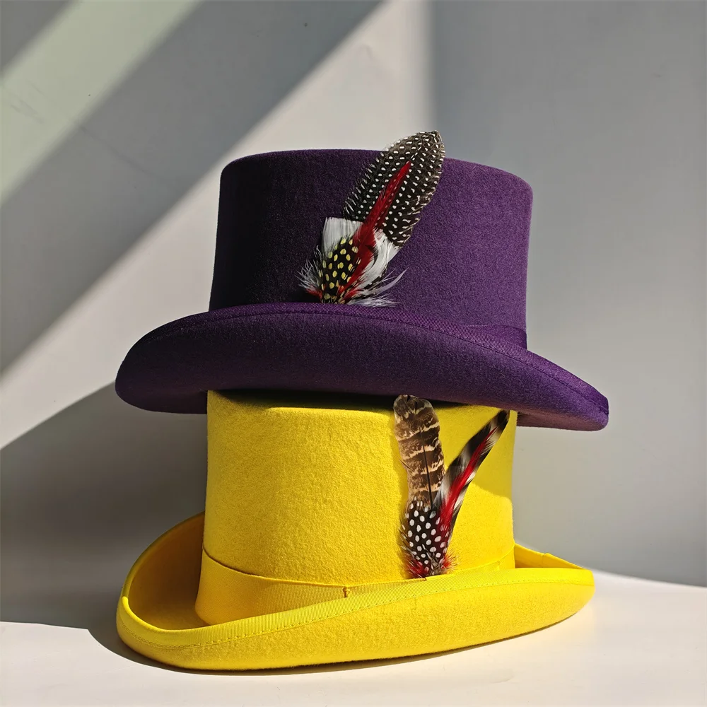 Purple 100% Wool Hat for Men and Women Fedora Gentleman Bowler Hat Black White Magic Hat Presidential Hat Feather Accessories