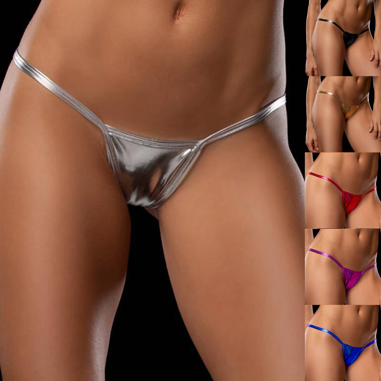 Womens Shiny Metallic G-String Mini Panties Sexy Underwear Pu Leather T-Back Thongs Erotic Lingerie Bikini Panties Swimsuit