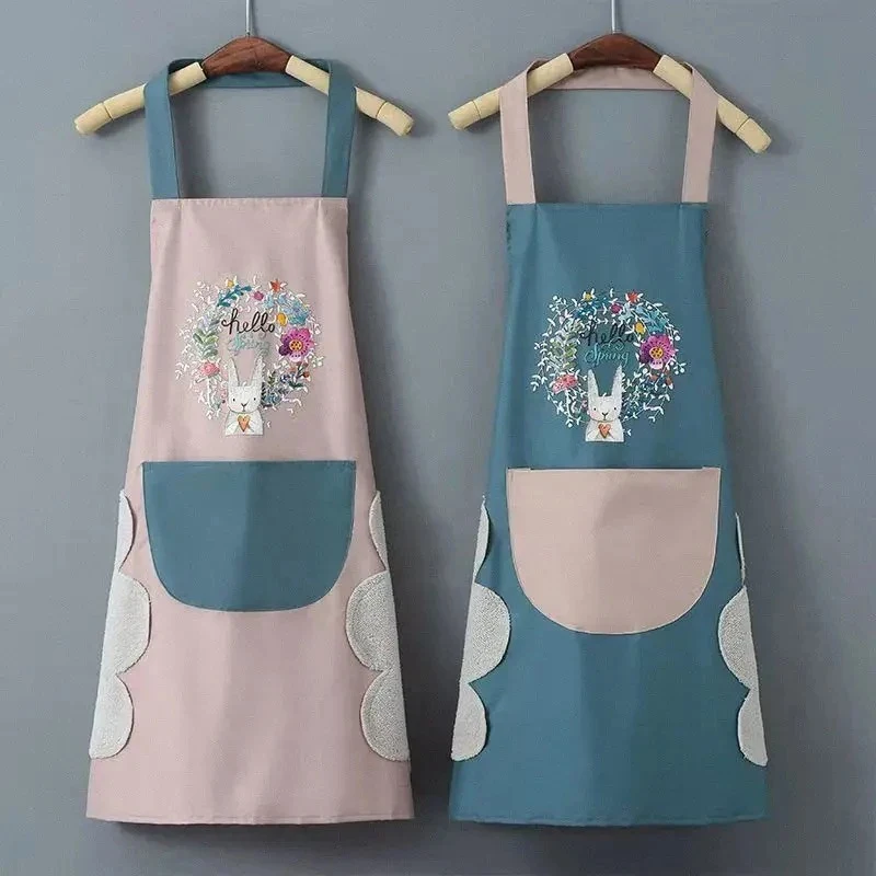 Hand-wiping Aprons For Women Rabbit Print Kitchen Cooking Apron Household Oil-proof Waterproof Apron Adult Waist Fashion Uniform