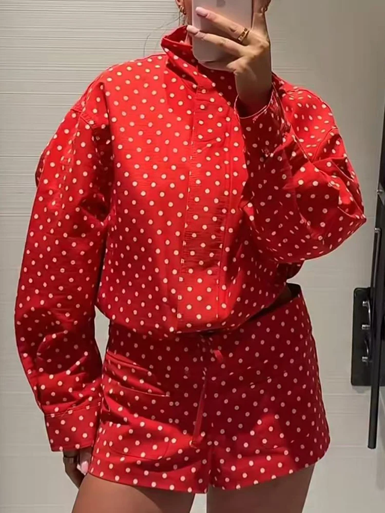 Damen Polka Dot Mantel-Shorts-Sets Elegante Rollkragen-Reißverschluss-Jacken Schlanke Hochtaillierte Shorts Mode High Street Casual Streetwear