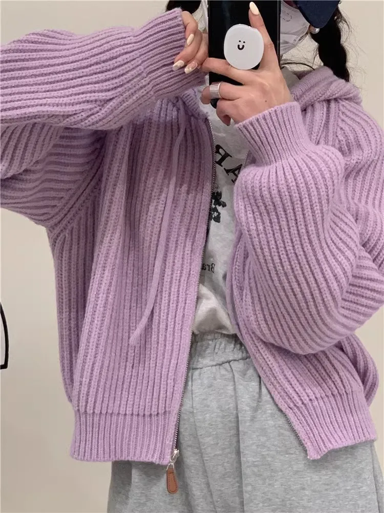 سترة نسائية محبوكة بنمط قصير فضفاضة كاجوال بلون سادة وسحاب معطف علوي