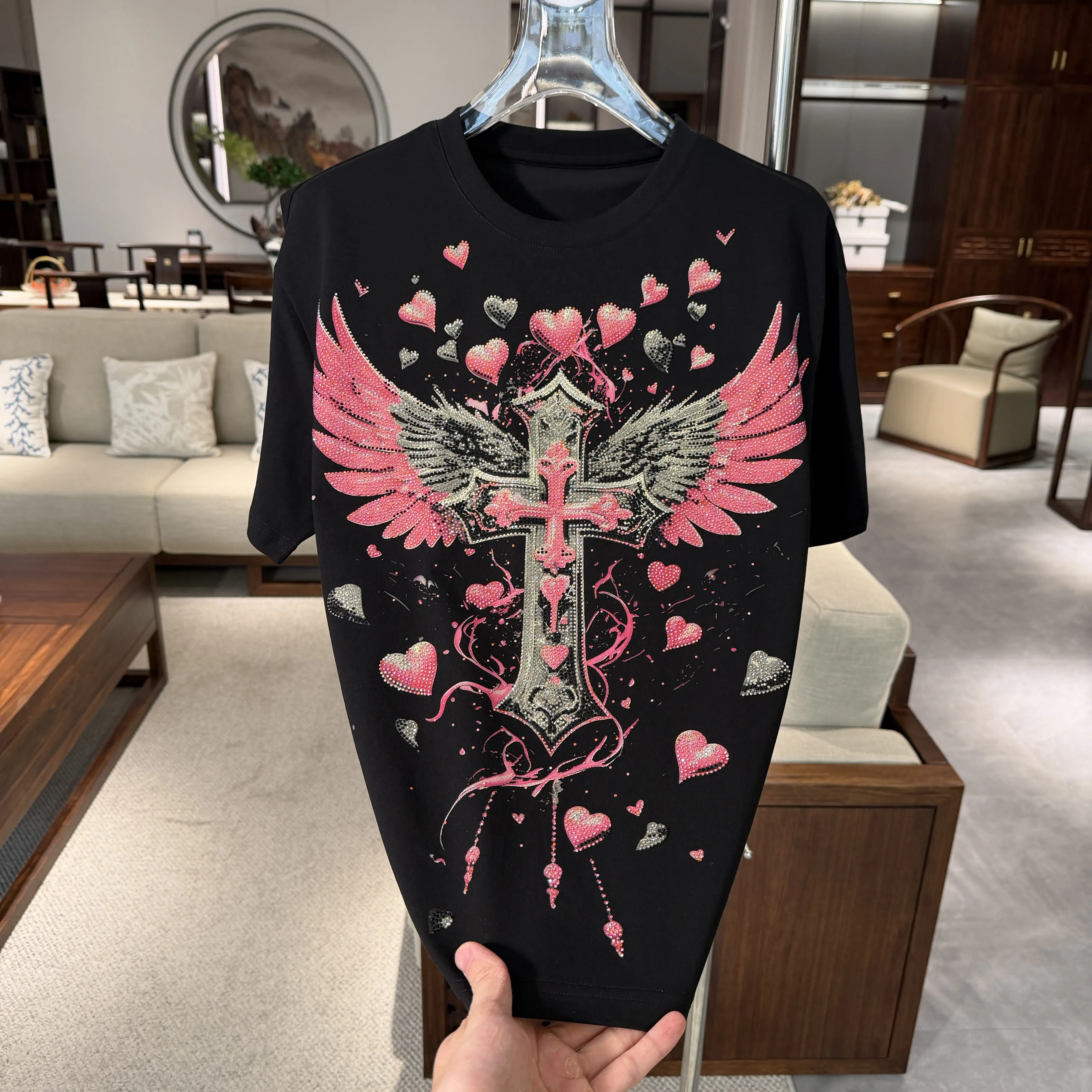American Street Handsome Couple's Short Sleeve T-shirt Trendy New Spring Summer Love Cross Hot Diamonds Pullover Top Male Tees