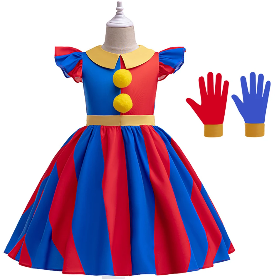 4-12y Kinderen Cosplay Jurken Modieuze Kinderen Circus Thema Halloween Jurk Meisjes Optreden Korte Mouwen Rode En Blauwe Jurk