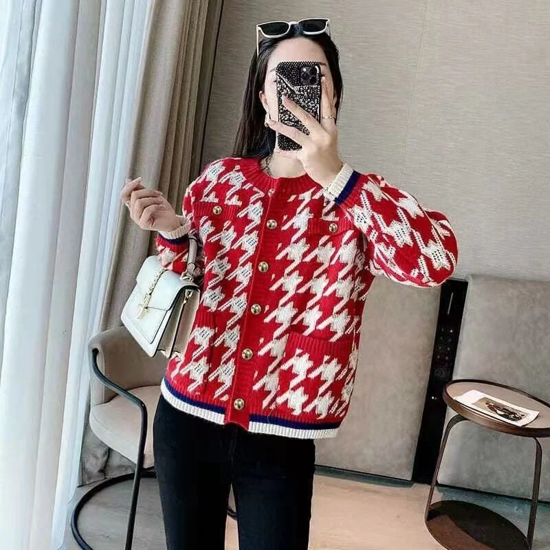 Knitted Cardigan Women\'s 2024Spring Autumn New Houndstooth Coat Small Fragrance Style Temperament Jacket Thin Sweater Female Top