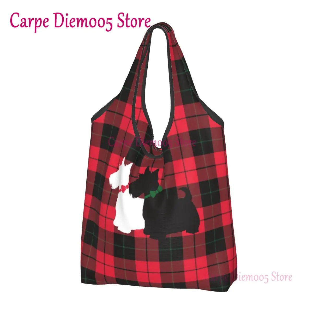 Kawaii Tartan Scottie Dog Shopping Tote Bag Portable Scottish Terrier Groceries Shopper Shoulder Bag