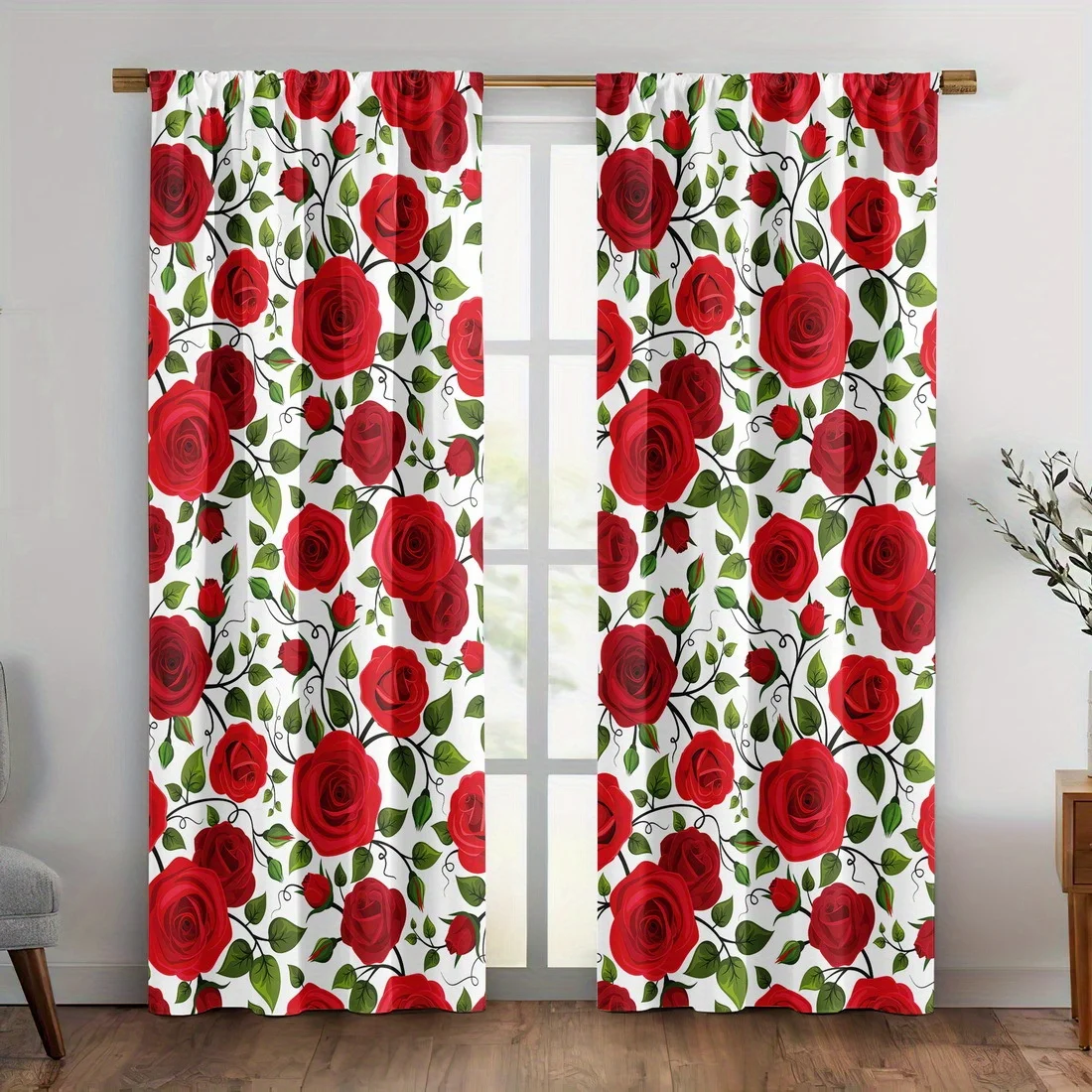 Vivid Red Rose Floral Blackout Curtain Green Leaf Bud Print Drape For Bedroom Living Room Romantic Warm Sweet Home Window Decor