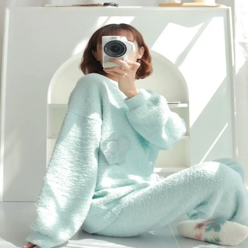 Pjs Set Flowers Thicken Women's Pajama Set Women's Warm Winter Pajamas Fashionable Home Clothes Pajamas Cute and Soft Pajama Set