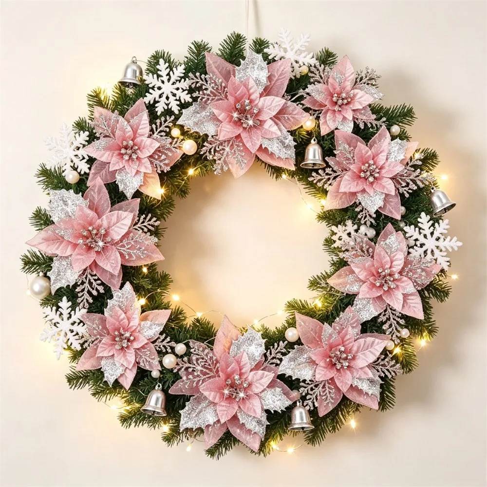 6/12Pcs 5.5Inch Christmas Tree Ornaments, Pink & Blue Glitter Artificial Poinsettia with Clips for Tree Wreath Decor - view 5